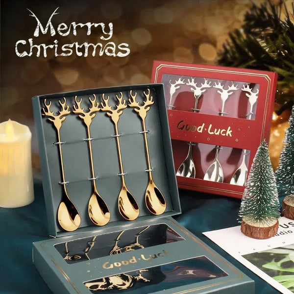 Christmas Elk Head Stainless Coffee Spoon Set