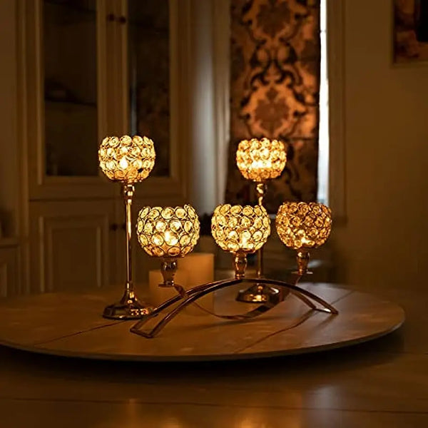 Gold Crystal 3-Arm Candle Holder Set