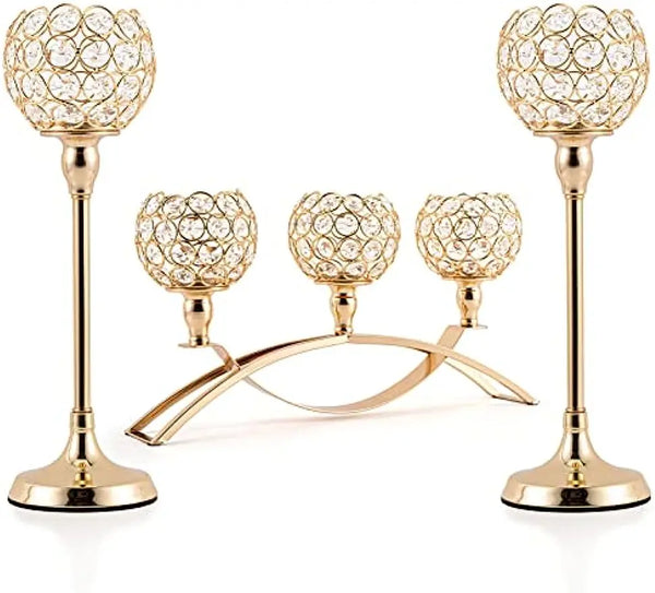 Gold Crystal 3-Arm Candle Holder Set